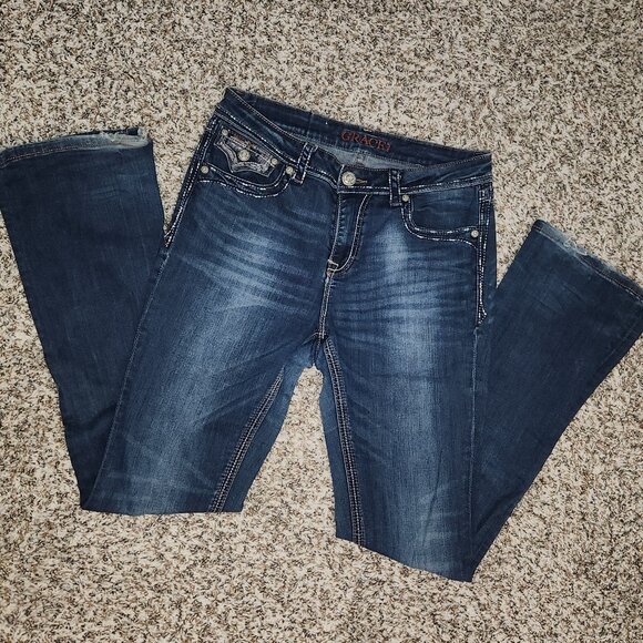 Grace in LA Women’s Bootcut Jeans Size 30 | Thick Stitch Bling Flap Pockets Dark - Picture 2 of 15